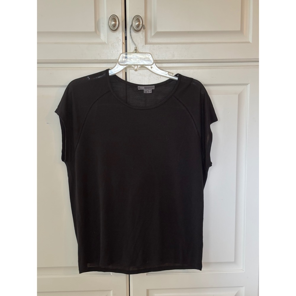 Vince Black Short Sleeve silk Crew Neck Top with Ladder Stitch Detail Size S